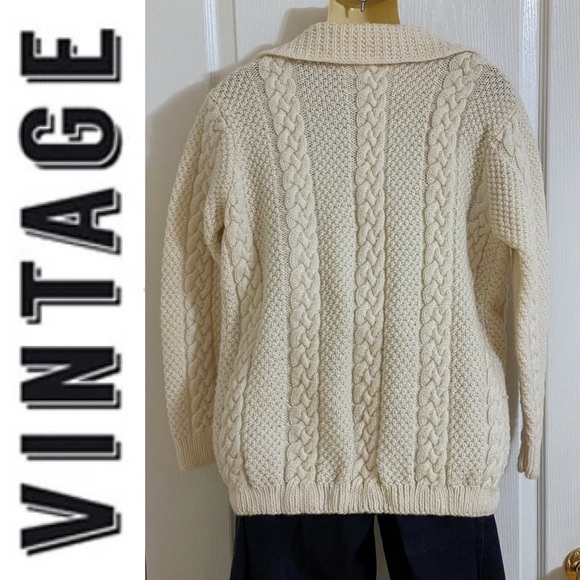 Hand knit Fishermen cable knit cream button-down cardigan chunky sweater - Picture 12 of 16